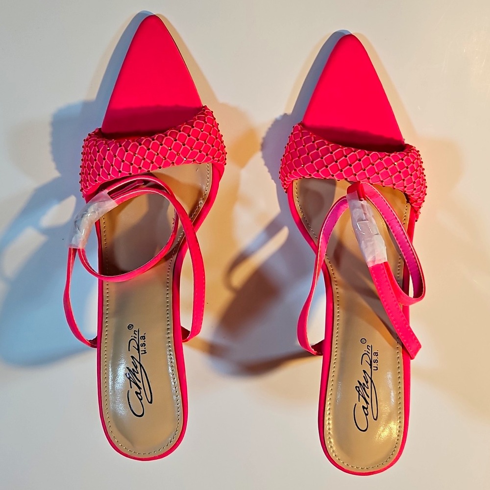 Cathy Din Hot Pink Synthetic Strappy Pointed Toe Slip On Stiletto Heel 10